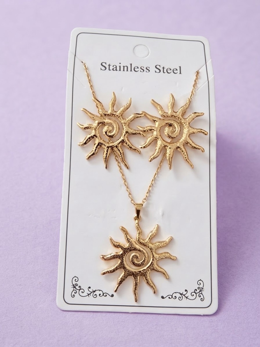Stainless Steel Gold Sunburst Necklace & Earring Set. Women’s Jewelry.